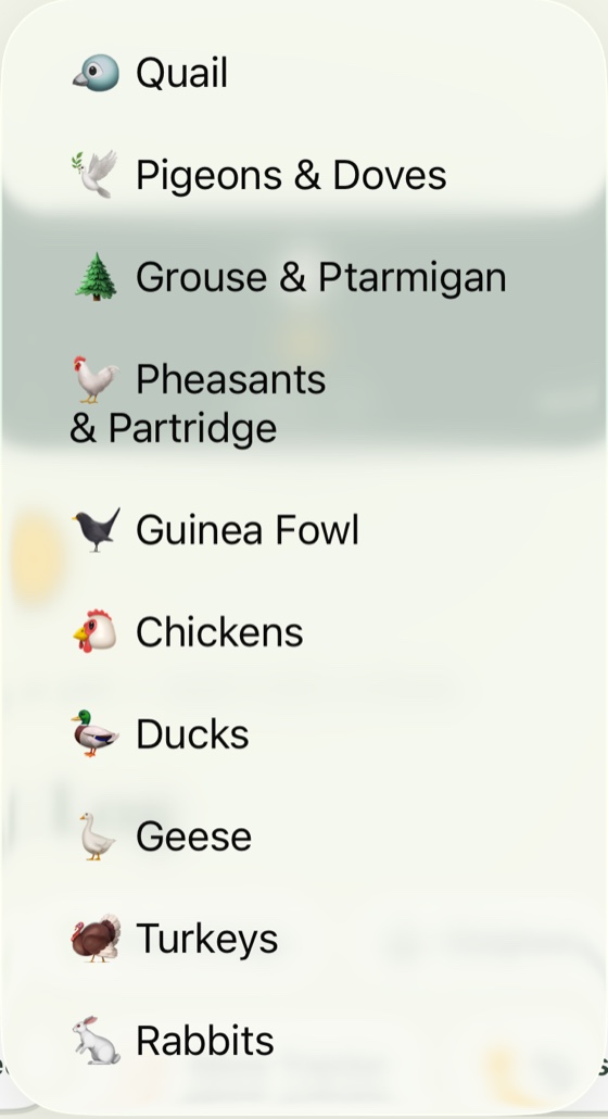 The Feathers & Fur species list in Five Acres of Freedom: Quail, Pigeons & Doves, Grouse & Ptarmigan, Pheasants & Partridge, Guinea Fowl, Chickens, Ducks, Geese, Turkeys, Rabbits