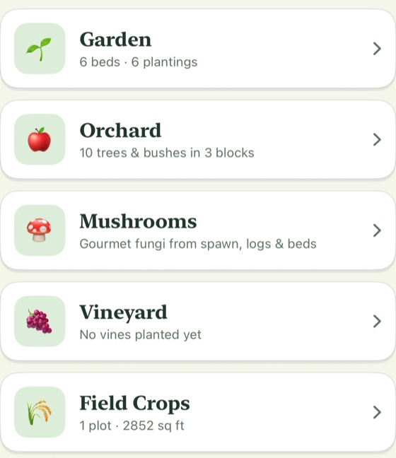 The Growing section of the Five Acres of Freedom dashboard: Garden, Orchard, Mushrooms, Vineyard and Field Crops cards