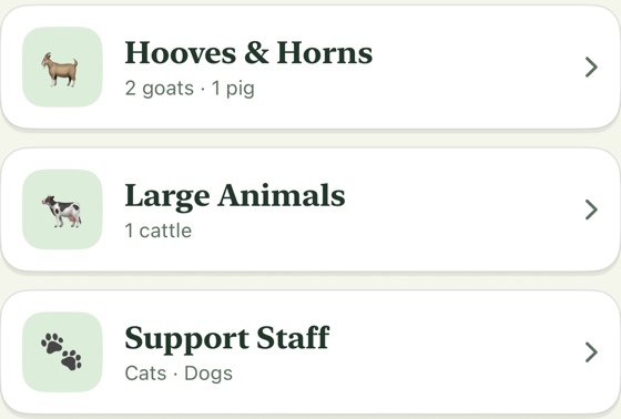 Barn cards in Five Acres of Freedom: Hooves & Horns, Large Animals, Support Staff